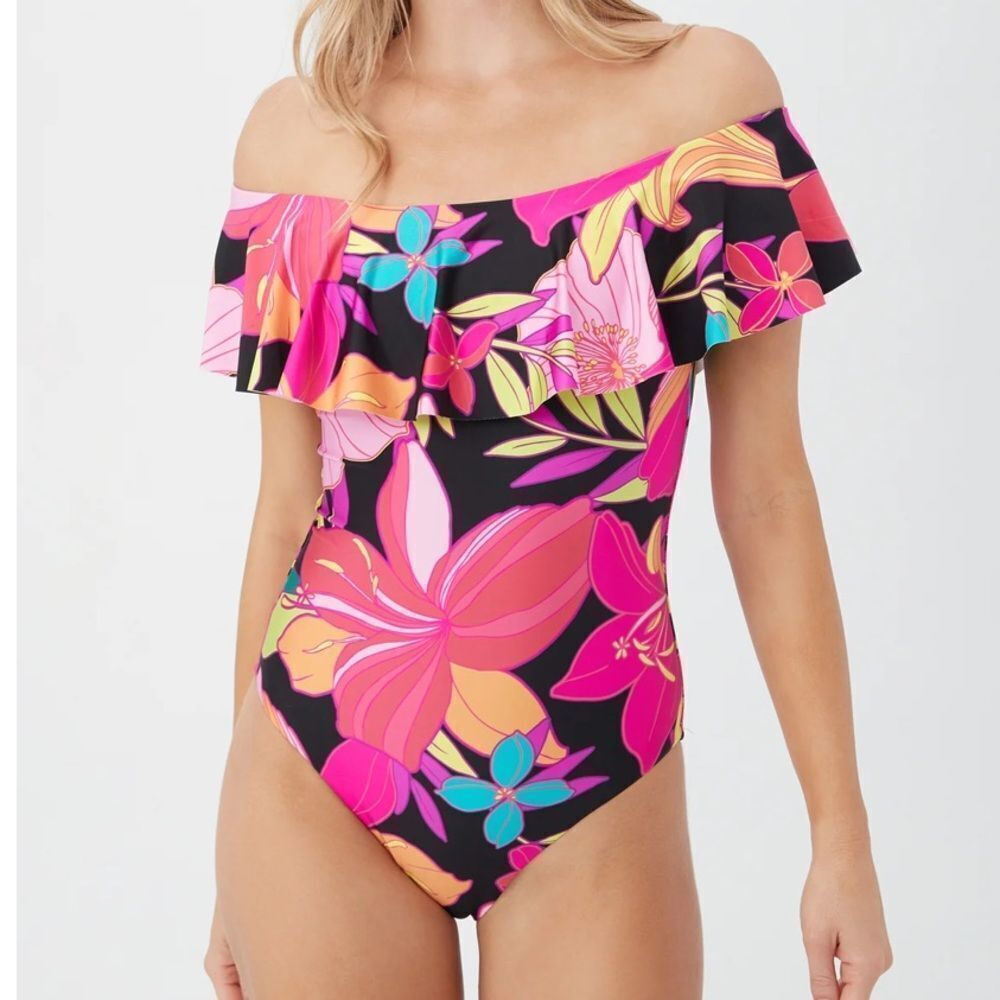Trina Turk Swim Women's Solar Floral Off The Shoulder Ruffle Swimsuit, Sz 4. NWT